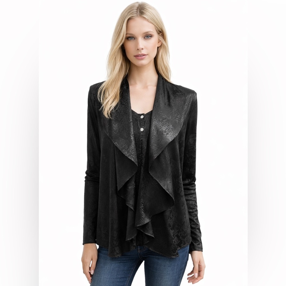 Womens Black Draped Open-Front Blouse